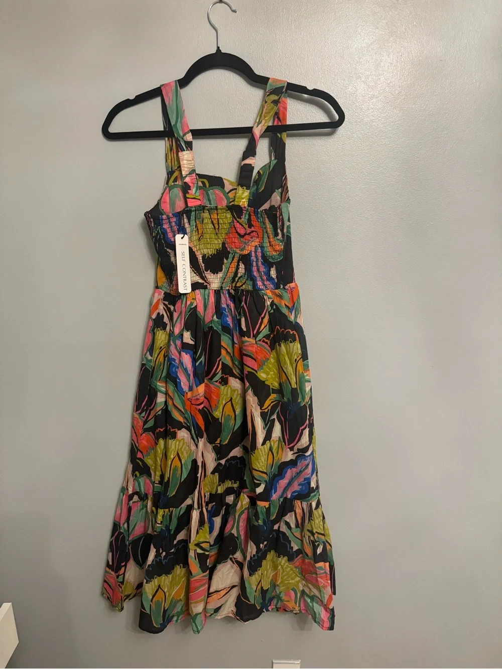 Self Contrast Anthropologie Black Multi Floral Tiered Midi Dress NWT XS - Picture 3 of 4